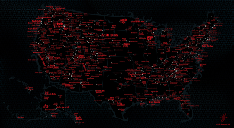 Illustration for article titled Hail Satan: A Map of All the Places Named After the Devil Himself